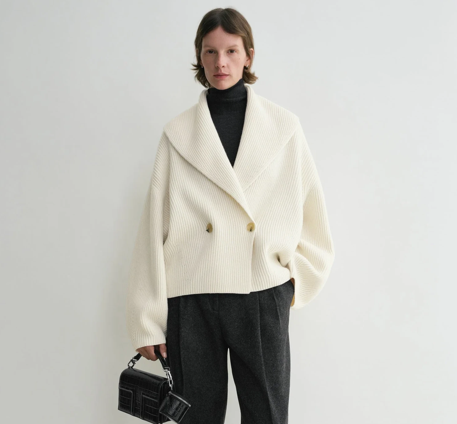 Shawl-Lapel Cardigan in Milk by Tôteme