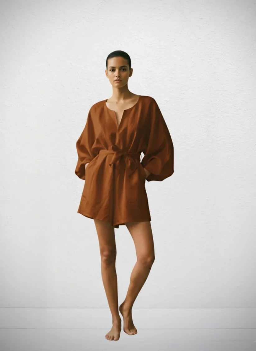 The Linen Jumpsuit with Puff Sleeves in Cacao by Vanessa Sposi