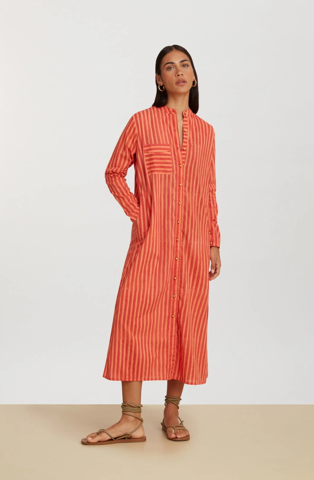 Long Kurta Open in Mini Stripes Peach by Lisa Corti