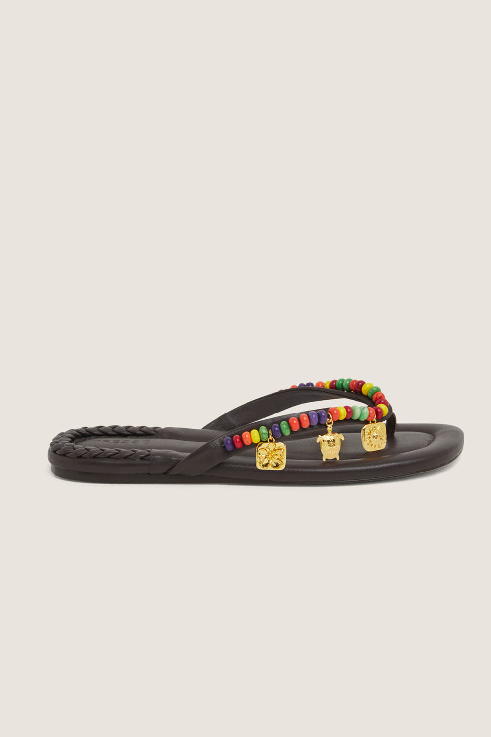 Leather flip-flops with multicolored beads by Tressé